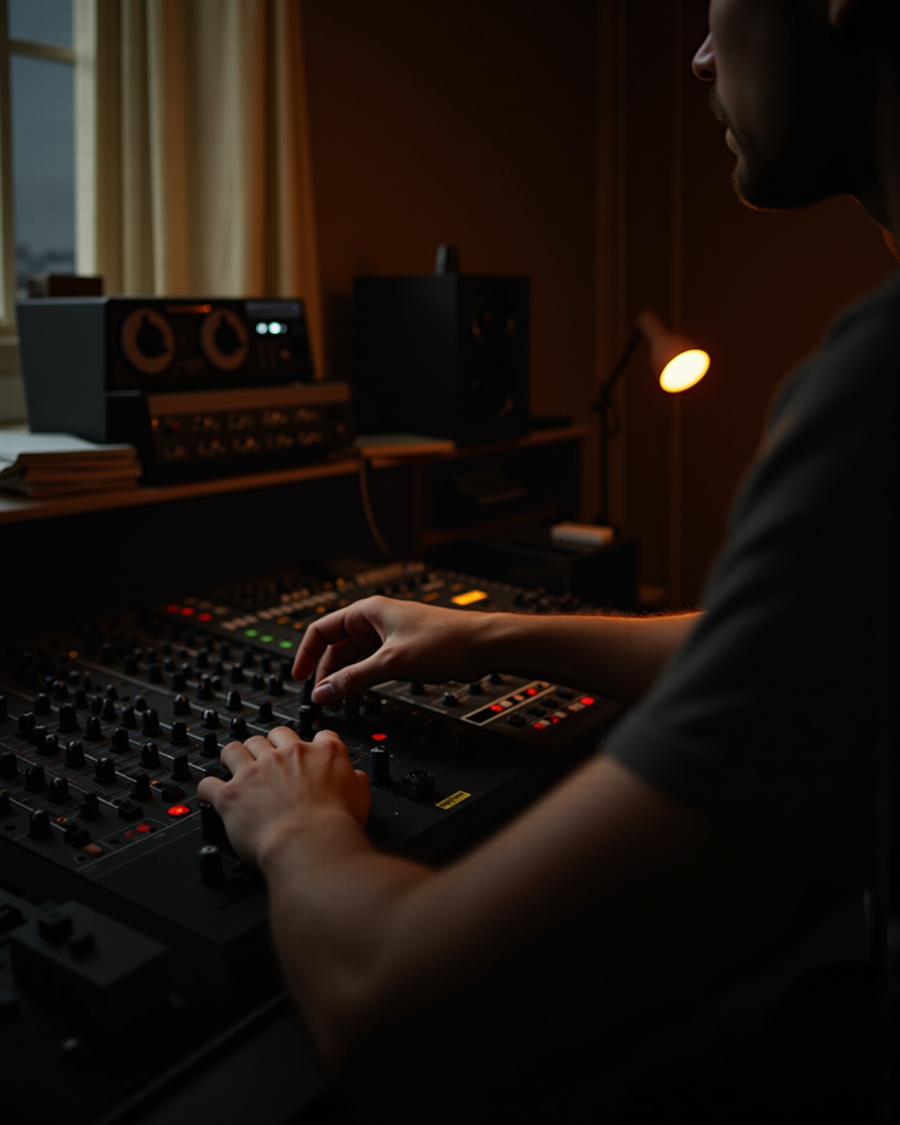 Producer's hands on an analog mixing console in a warm dim studio