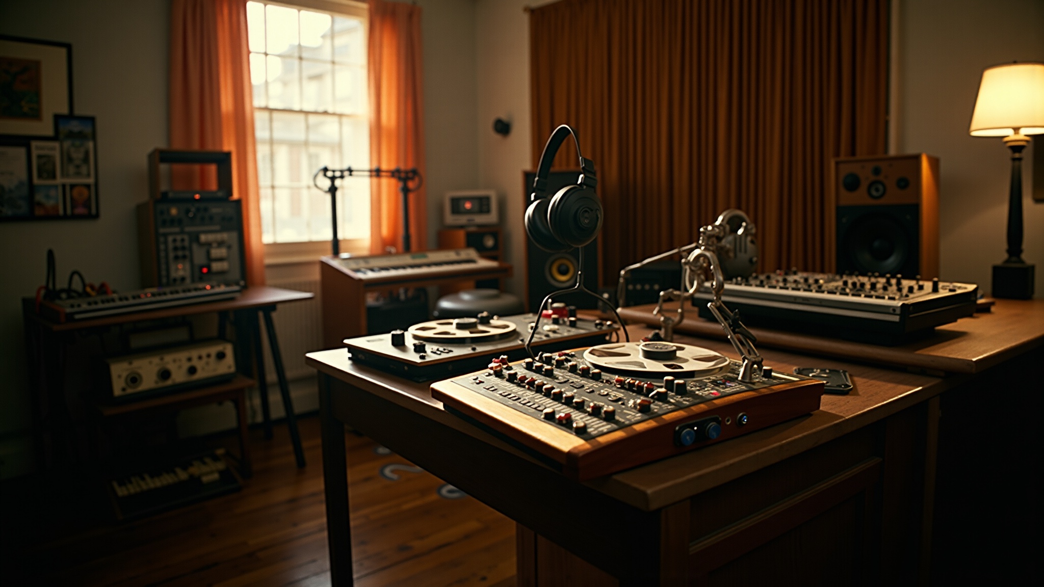 A dim analogue production studio, vintage reel-to-reel tape machine and synthesizer on a wooden desk