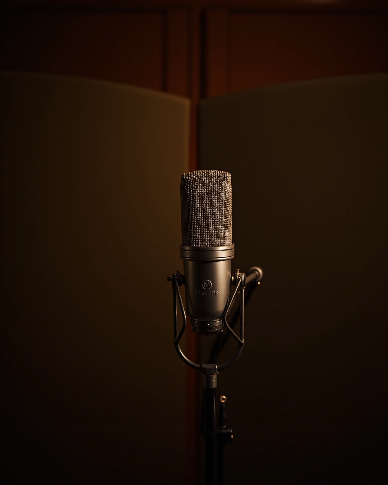 Condenser microphone on a boom arm, warm backlight