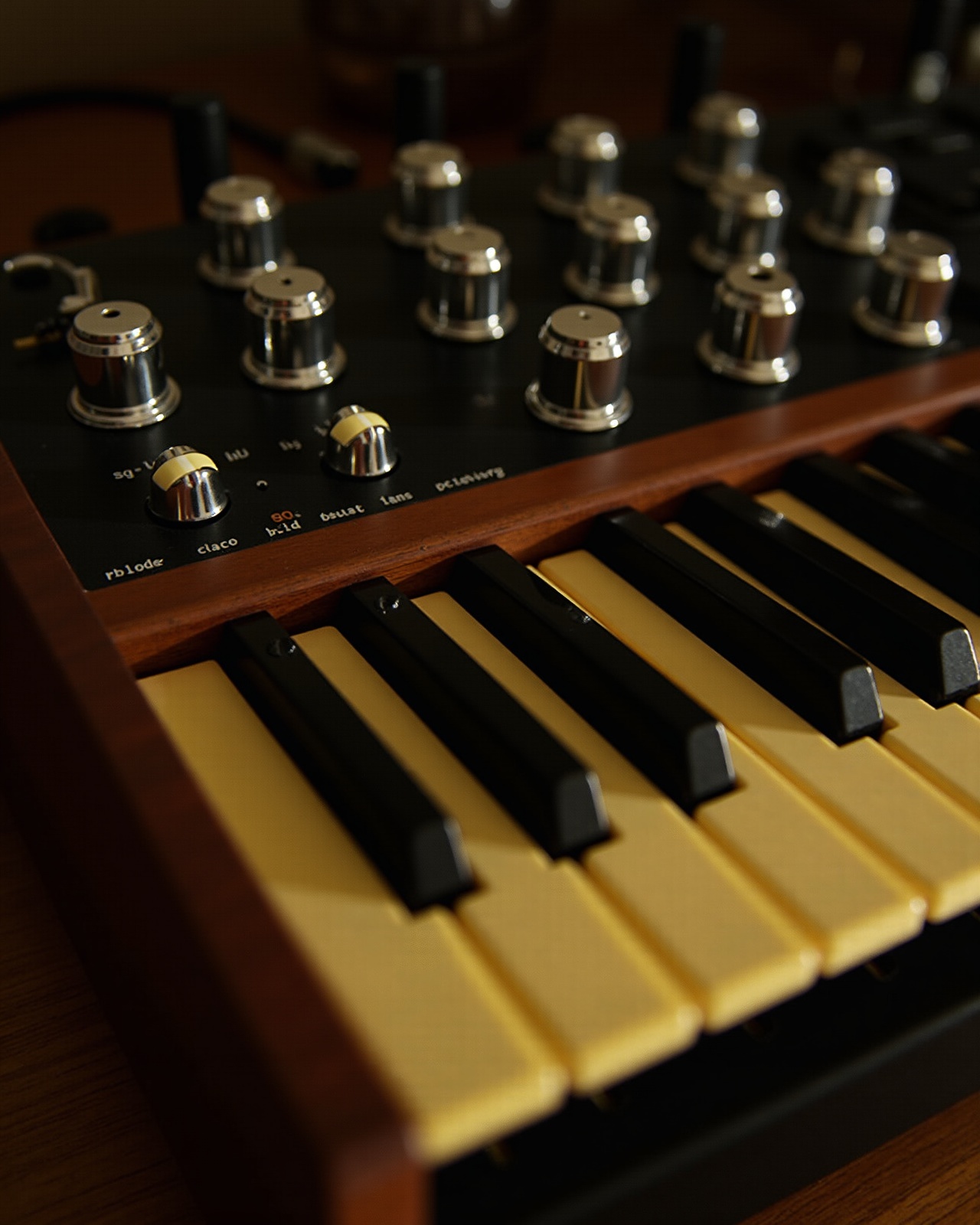 Close-up of a vintage analog synthesizer keyboard