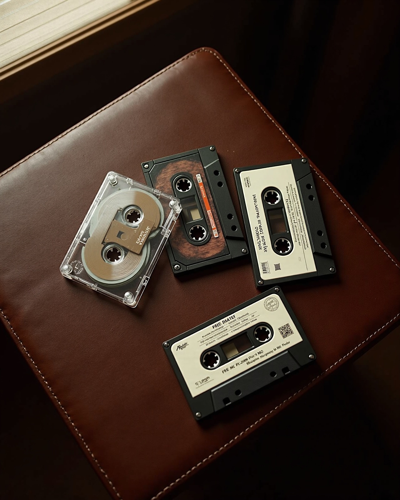 Flat-lay of vintage cassette tapes on dark leather surface
