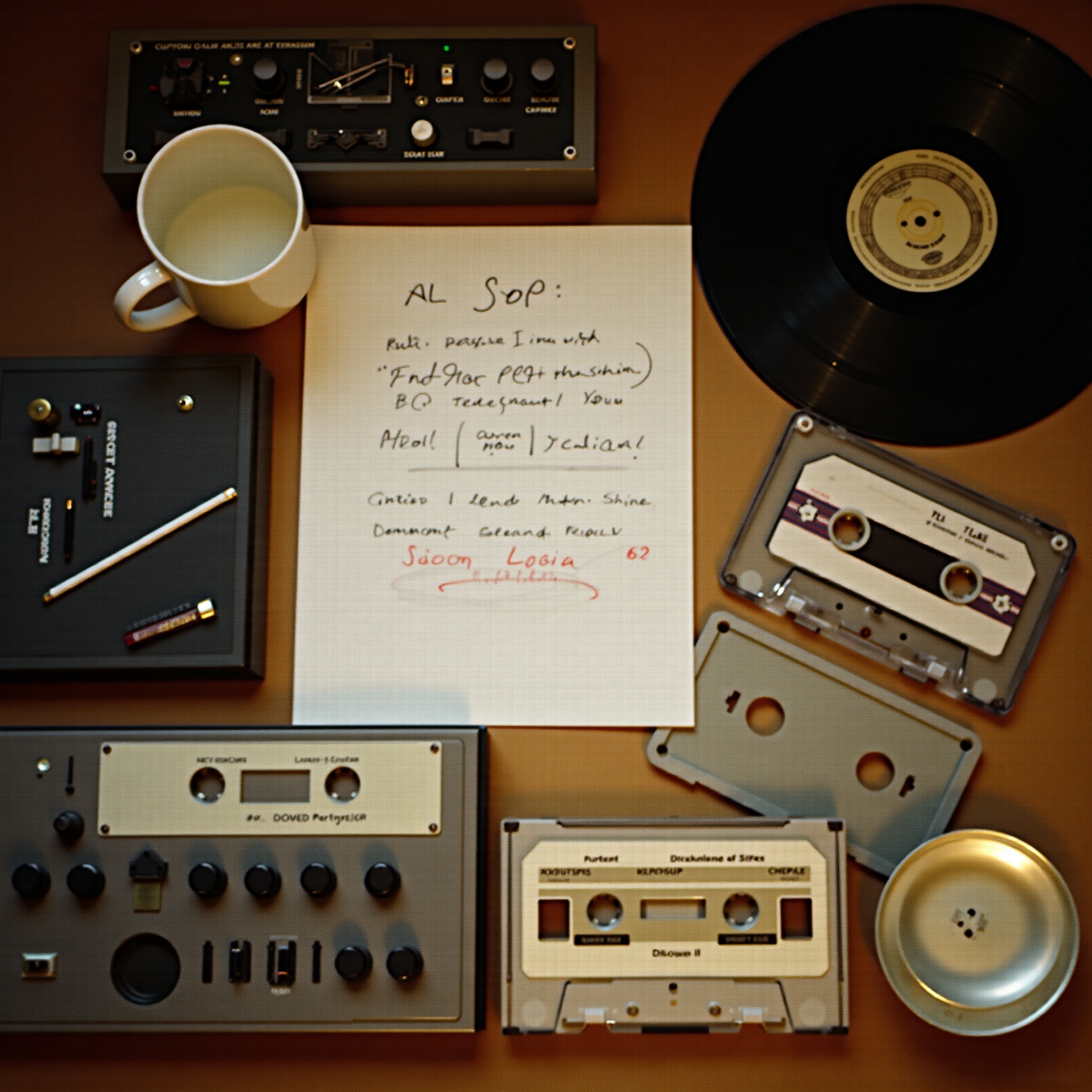 Overhead flat-lay of a producer desk with cassettes, a vinyl record, a synth module and a handwritten notebook